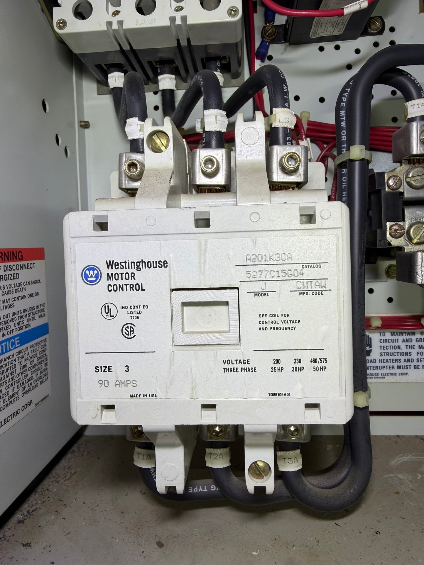 CT-09: NEMA size 3 contactor — A201K3CA. overview / nameplate photograph 1.