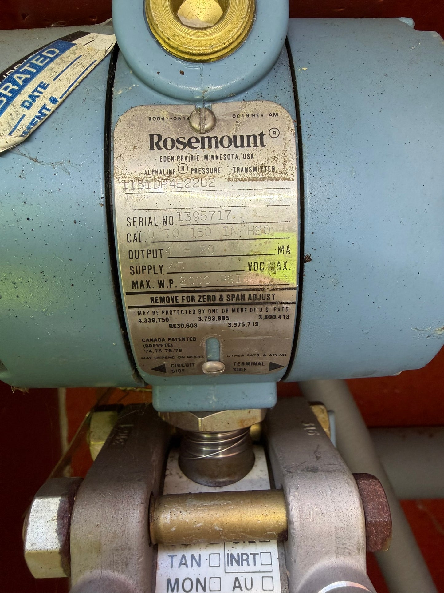 IN-03: Rosemount 1151 differential-pressure transmitter, 0-150 in H2O. nameplate photograph 2.