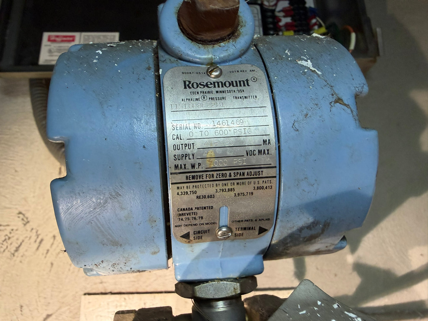 IN-26: Rosemount Alphaline gauge-pressure transmitter. nameplate photograph 2.
