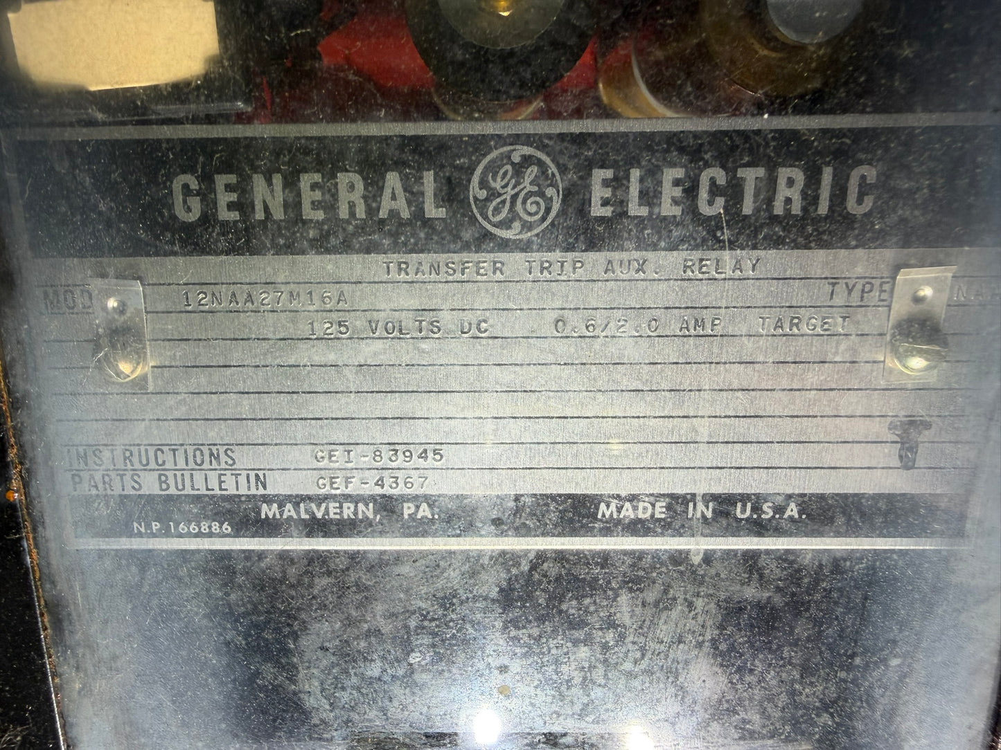 RY-02: GE transformer differential transfer-trip auxiliary — 12NAA27M16A. nameplate photograph 2.