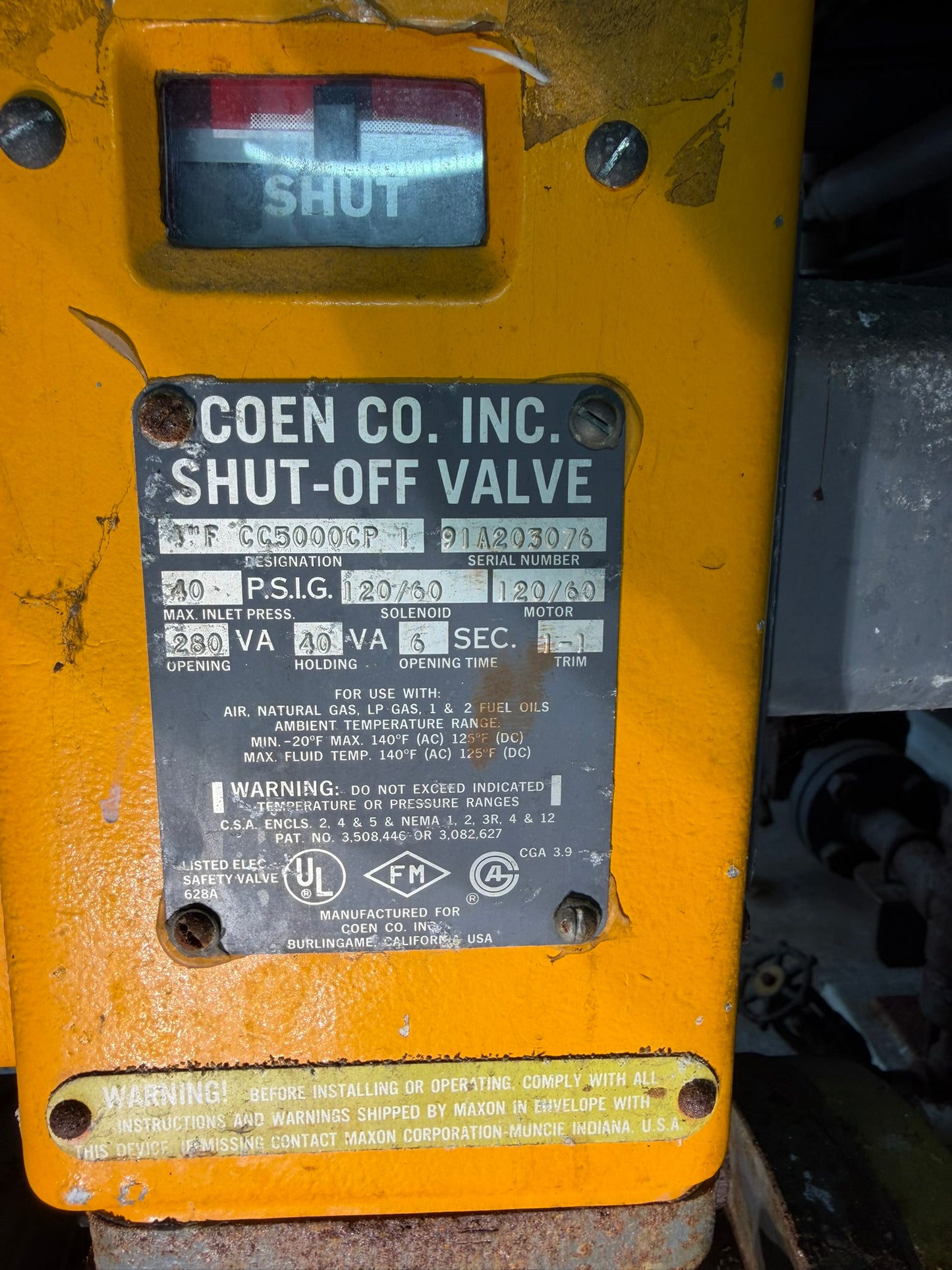 VL-12: Coen / Maxon 4-inch motorized safety shutoff valve. nameplate photograph 2.