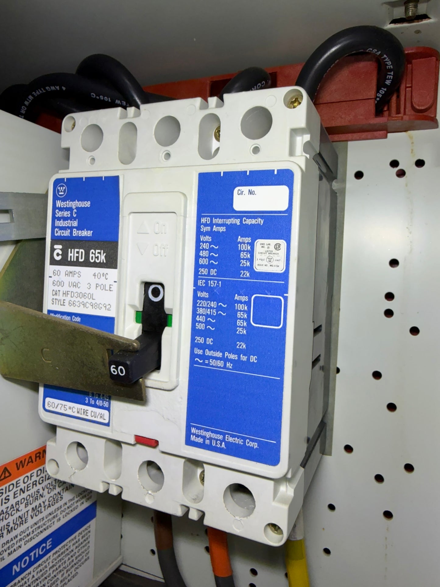 CB-02: 60 A molded-case circuit breaker — HFD3060L. overview / nameplate photograph 1.
