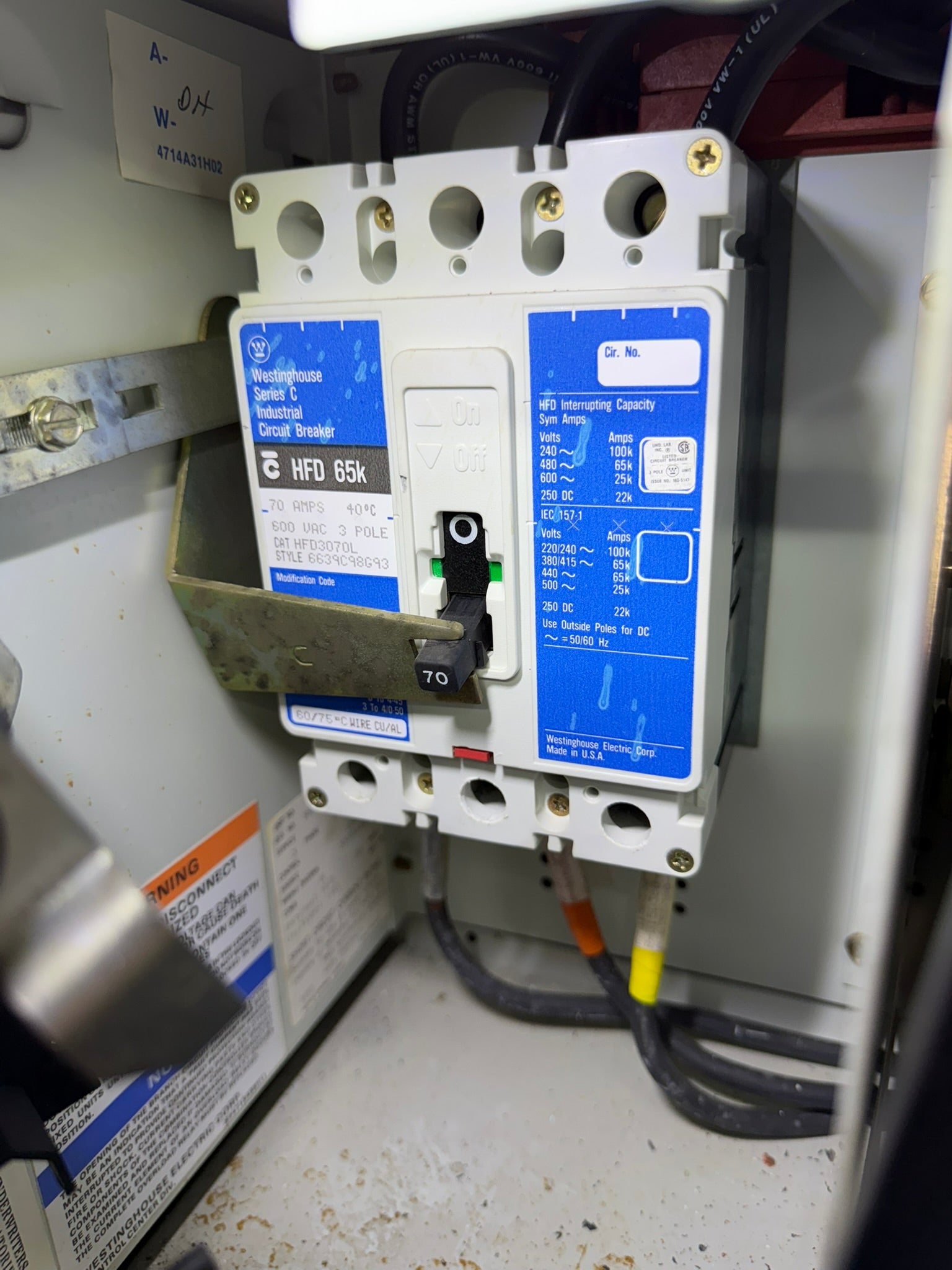 CB-12: 70 A molded-case circuit breaker — HFD3070L. overview / nameplate photograph 1.