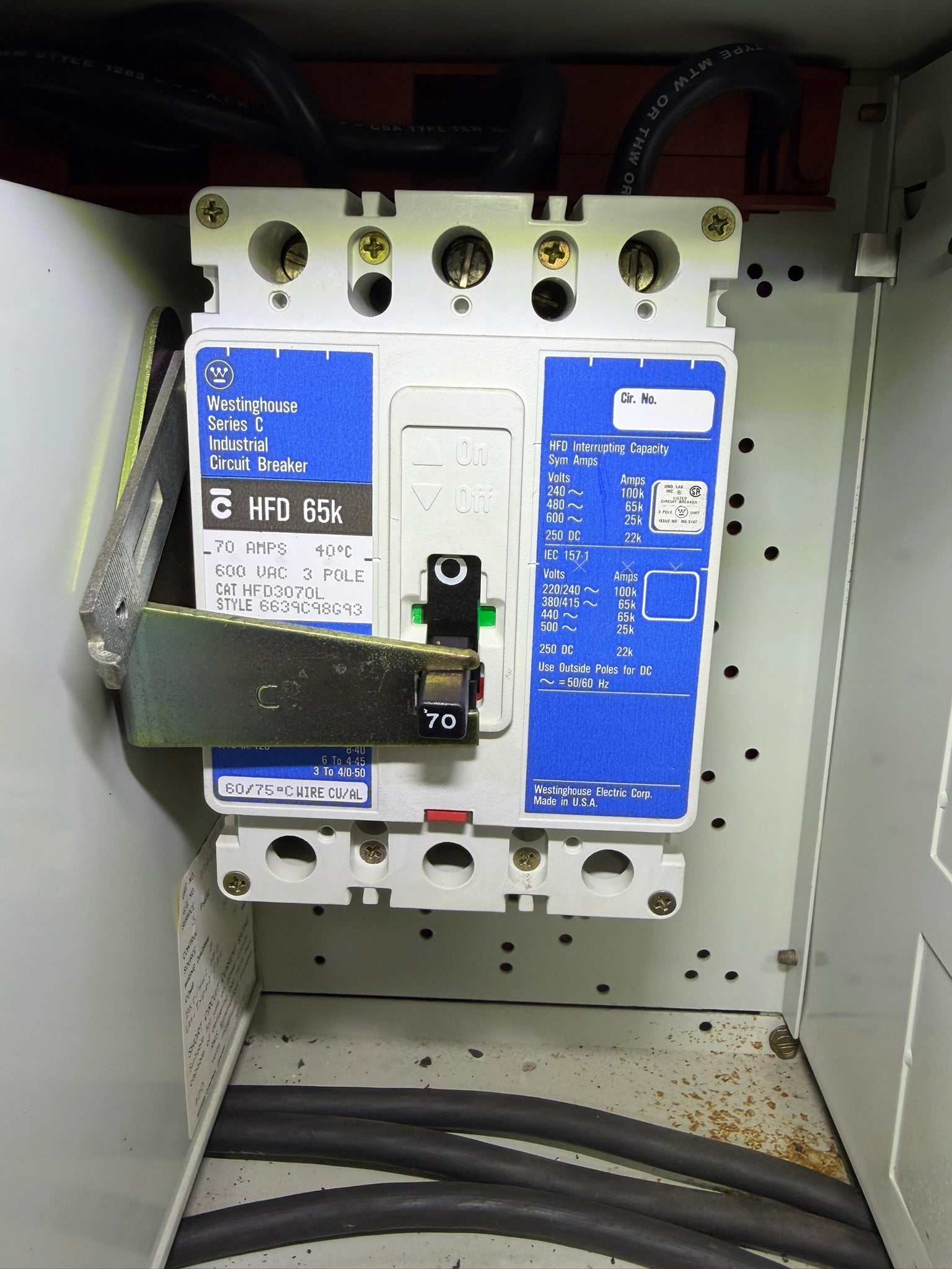 CB-13: 70 A molded-case circuit breaker — HFD3070L. overview / nameplate photograph 1.