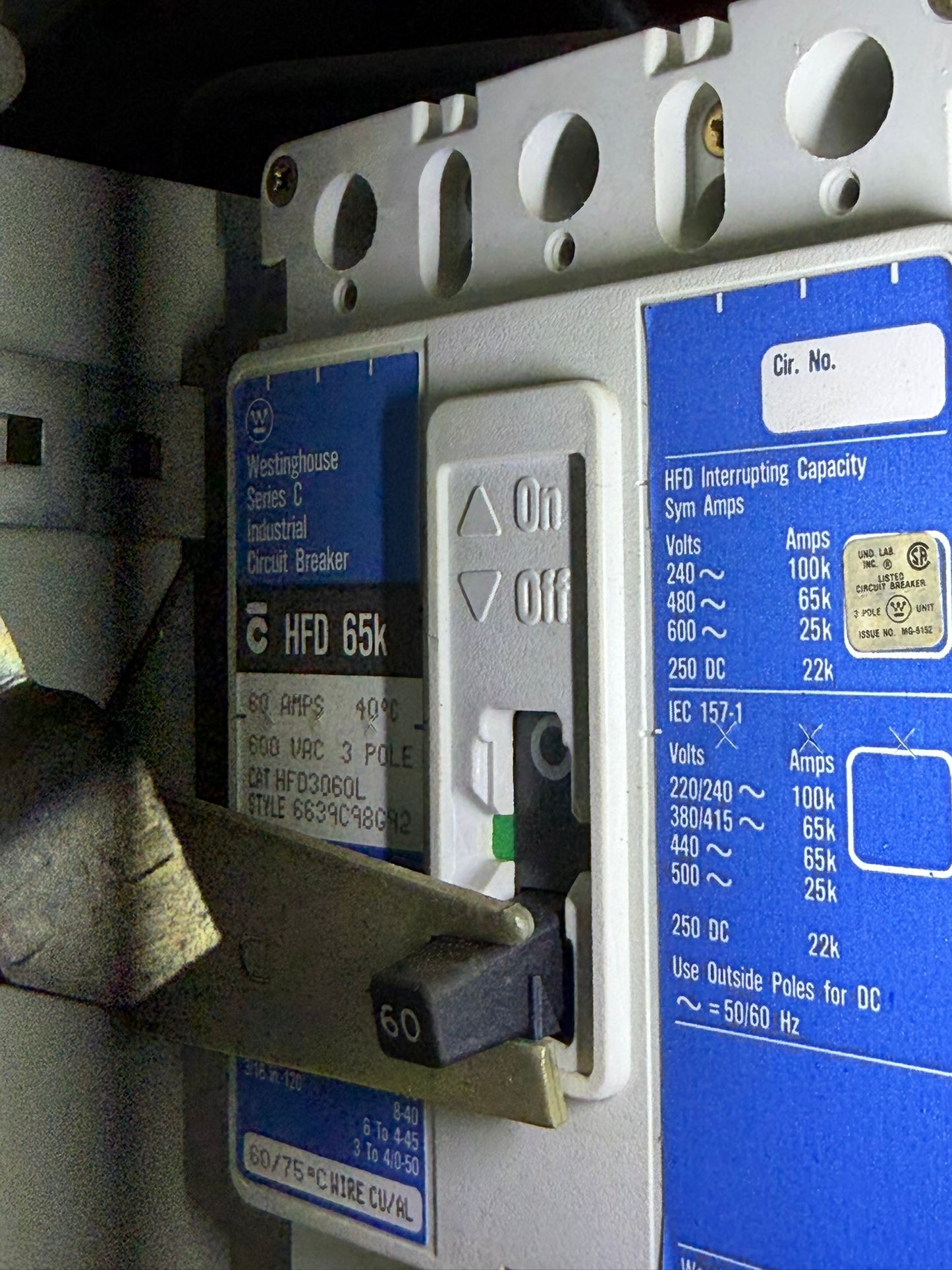 CB-34: 60 A molded-case circuit breaker — HFD3060L. nameplate photograph 2.