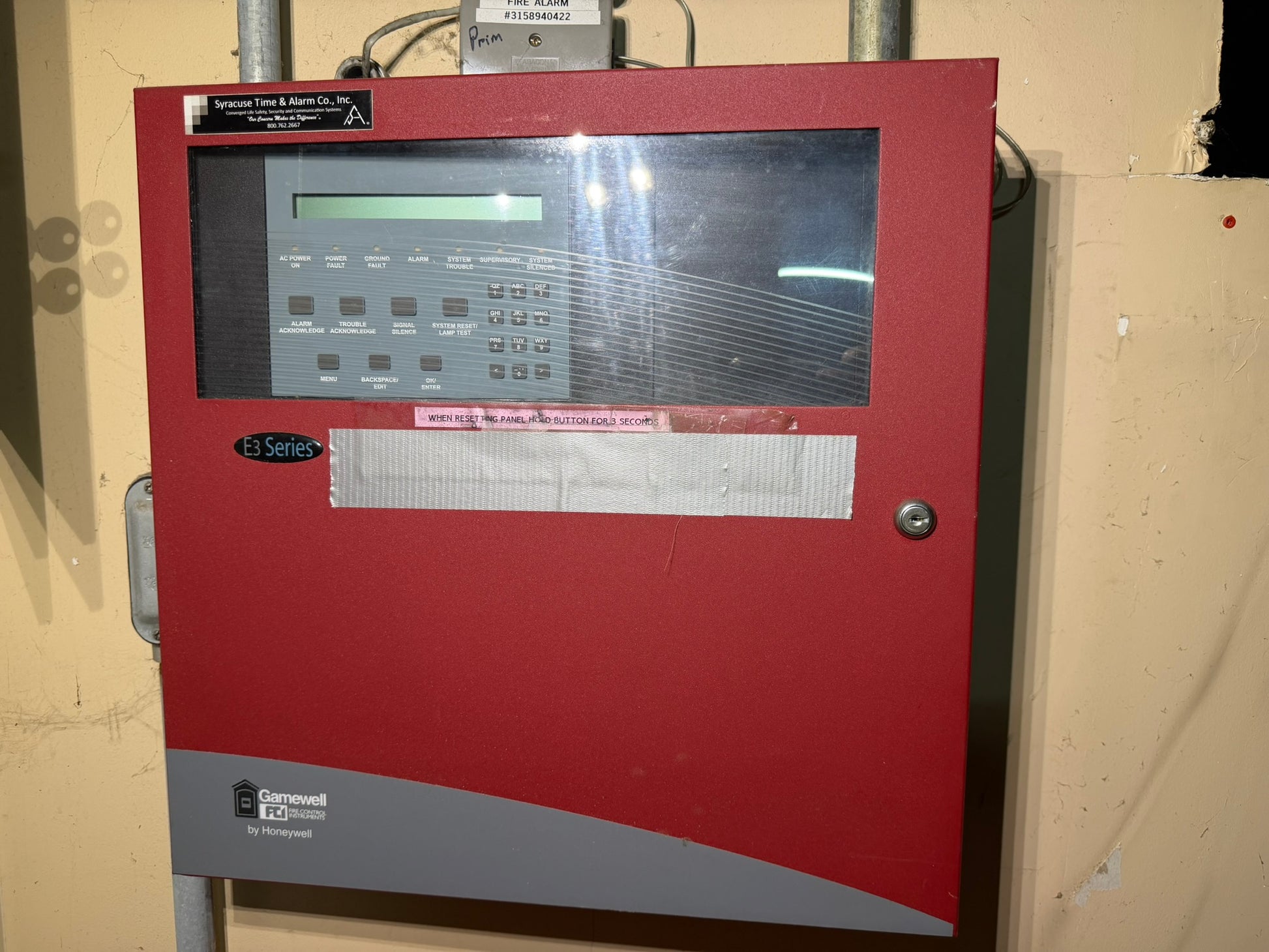 CC-05: Gamewell-FCI E3 fire-alarm control panel. overview photograph 1.