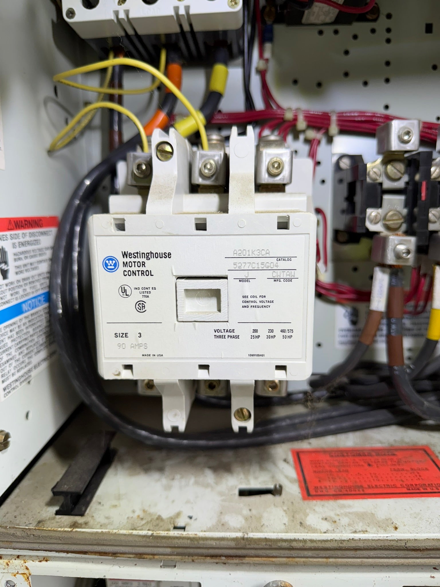 CT-01: NEMA size 3 contactor — A201K3CA. overview / nameplate photograph 1.