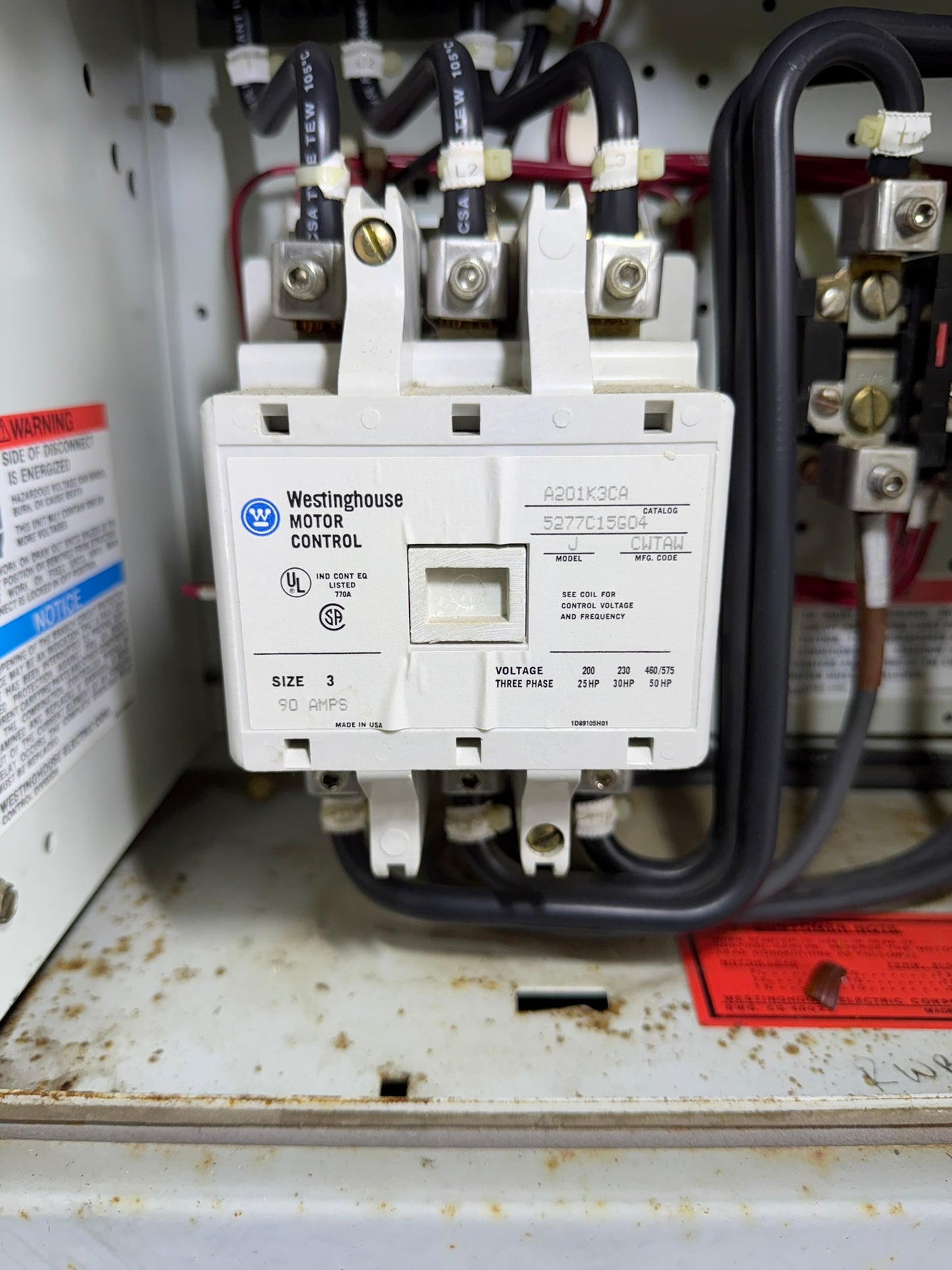 CT-02: NEMA size 3 contactor — A201K3CA. overview / nameplate photograph 1.
