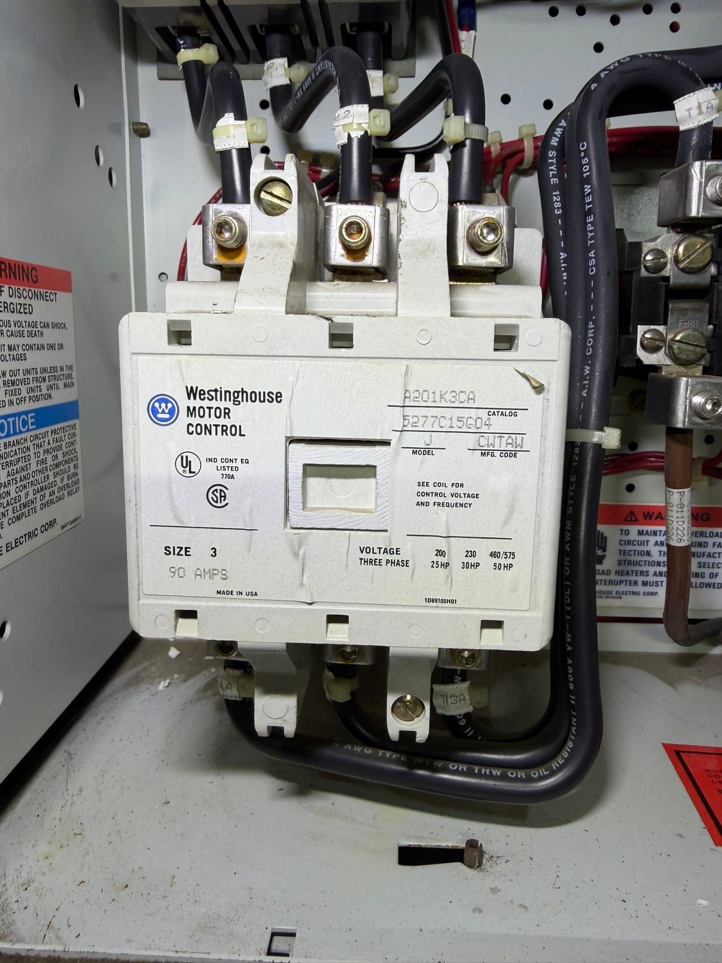 CT-03: NEMA size 3 contactor — A201K3CA. overview / nameplate photograph 1.