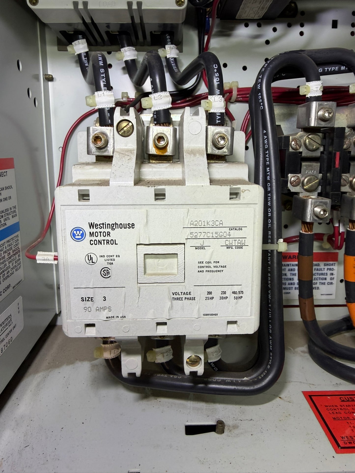 CT-04: NEMA size 3 contactor — A201K3CA. overview / nameplate photograph 1.