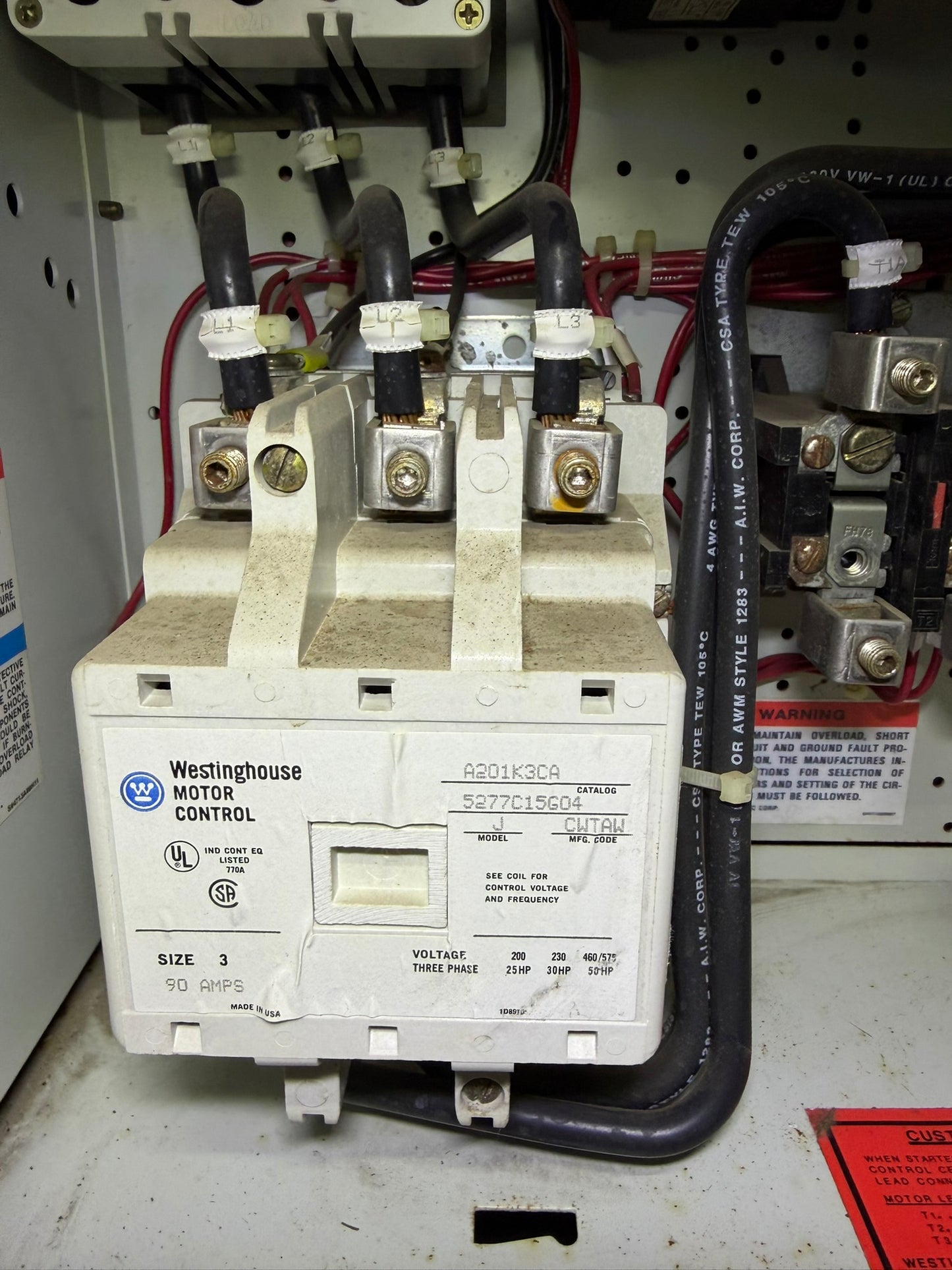 CT-05: NEMA size 3 contactor — A201K3CA. overview / nameplate photograph 1.