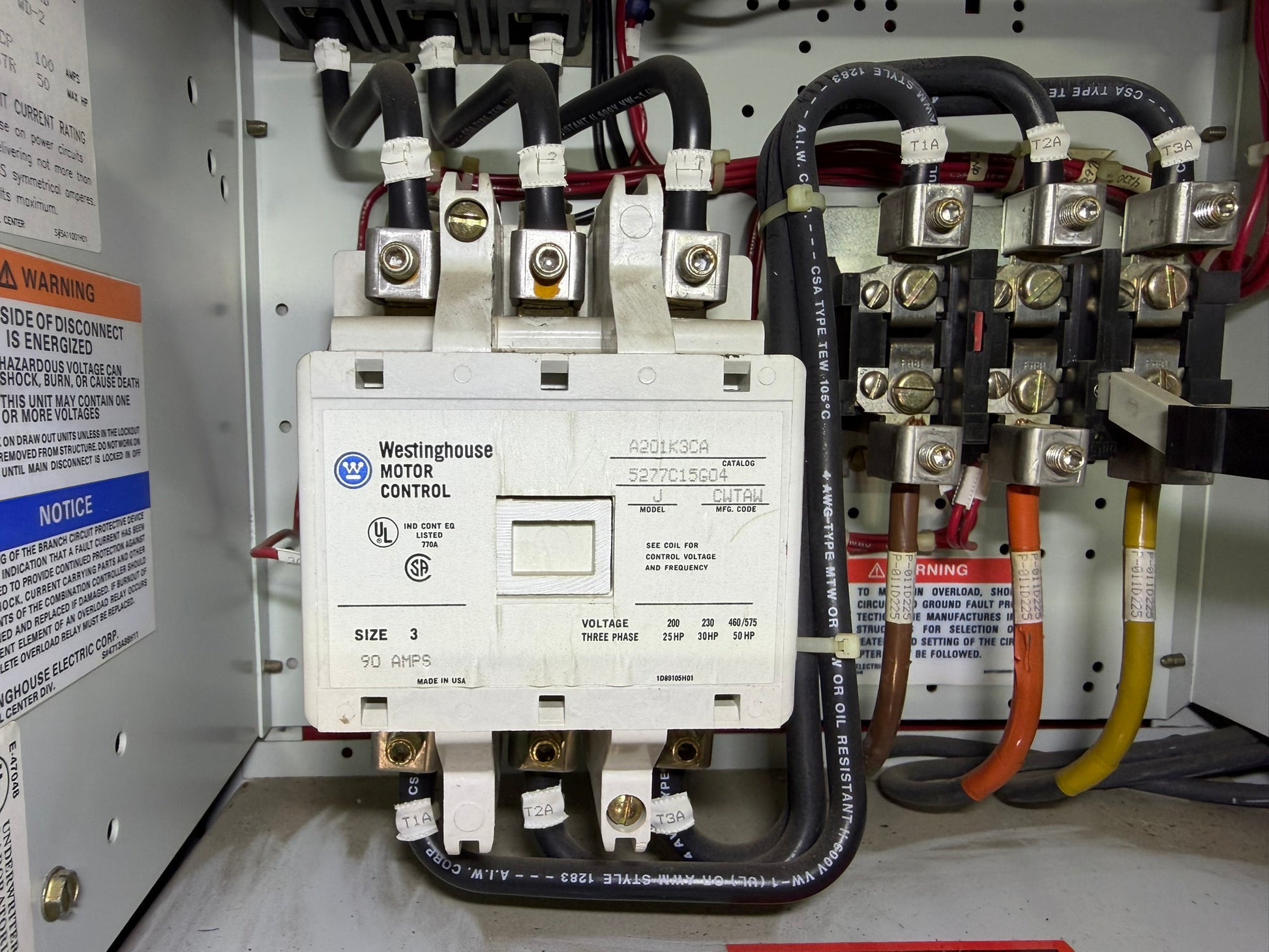 CT-07: NEMA size 3 contactor — A201K3CA. overview / nameplate photograph 1.