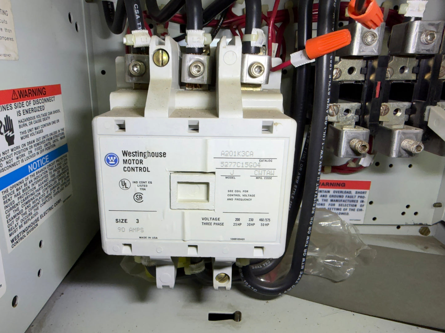 CT-08: NEMA size 3 contactor — A201K3CA. overview / nameplate photograph 1.