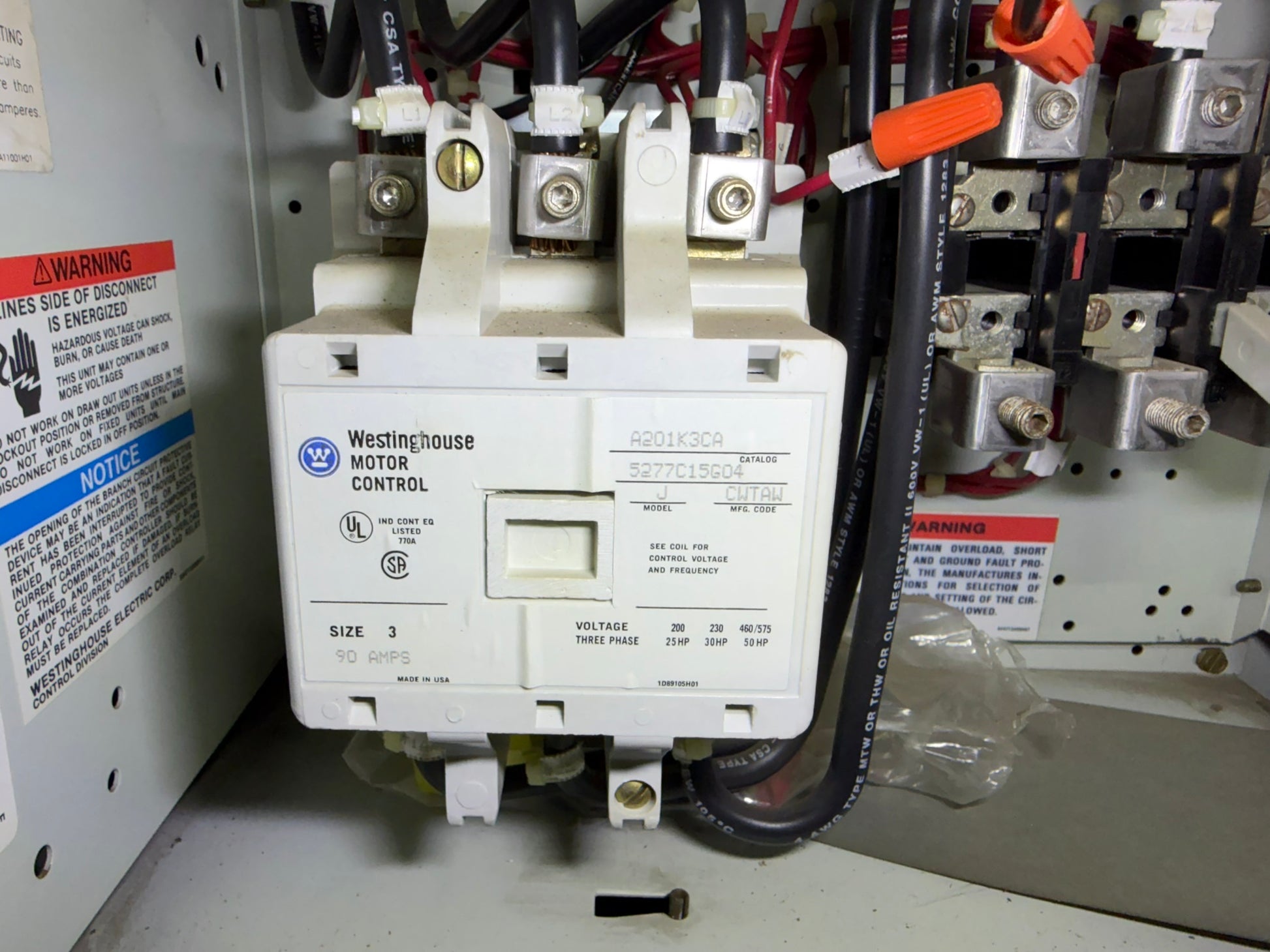 CT-08: NEMA size 3 contactor — A201K3CA. overview / nameplate photograph 1.
