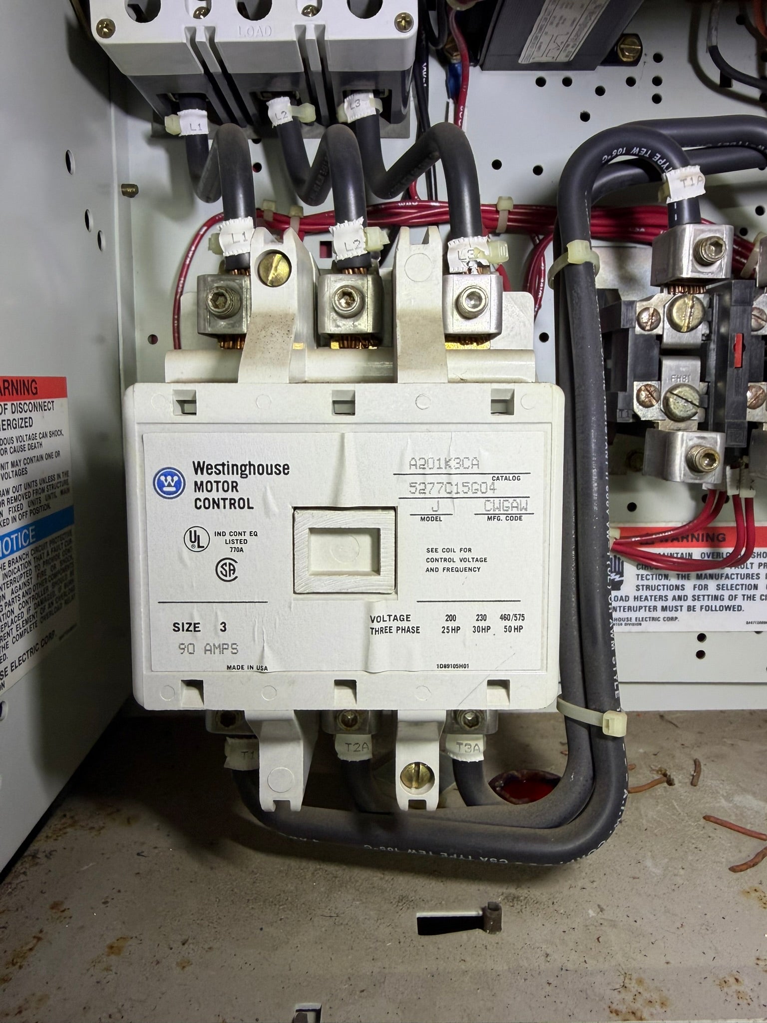 CT-10: NEMA size 3 contactor — A201K3CA. overview / nameplate photograph 1.