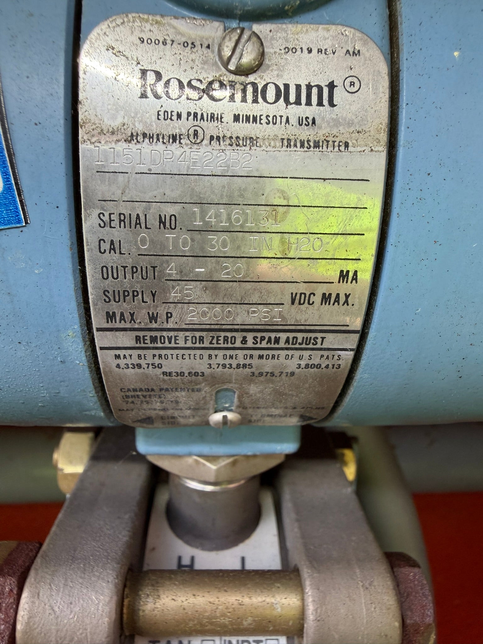 IN-04: Rosemount 1151 differential-pressure transmitter, 0-30 in H2O. nameplate photograph 2.