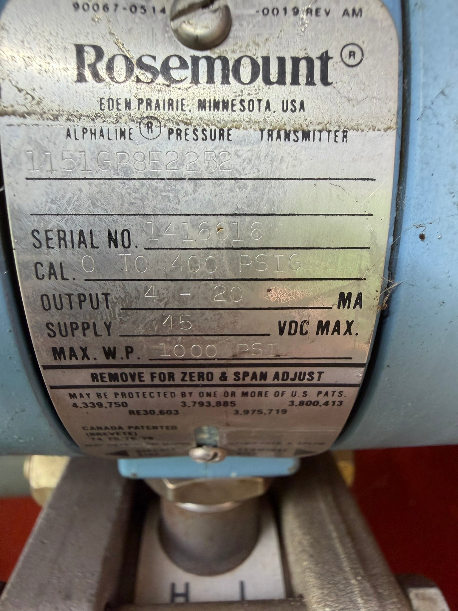 IN-05: Rosemount 1151 gauge-pressure transmitter, 0-400 psig. nameplate photograph 2.