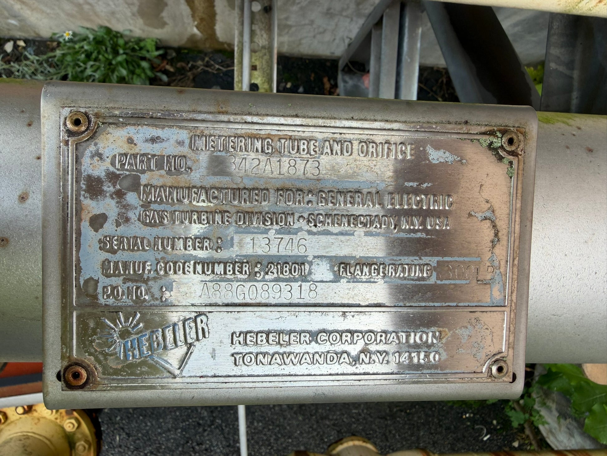 IN-06: Hebeler / GE gas metering tube and orifice assembly. nameplate photograph 2.