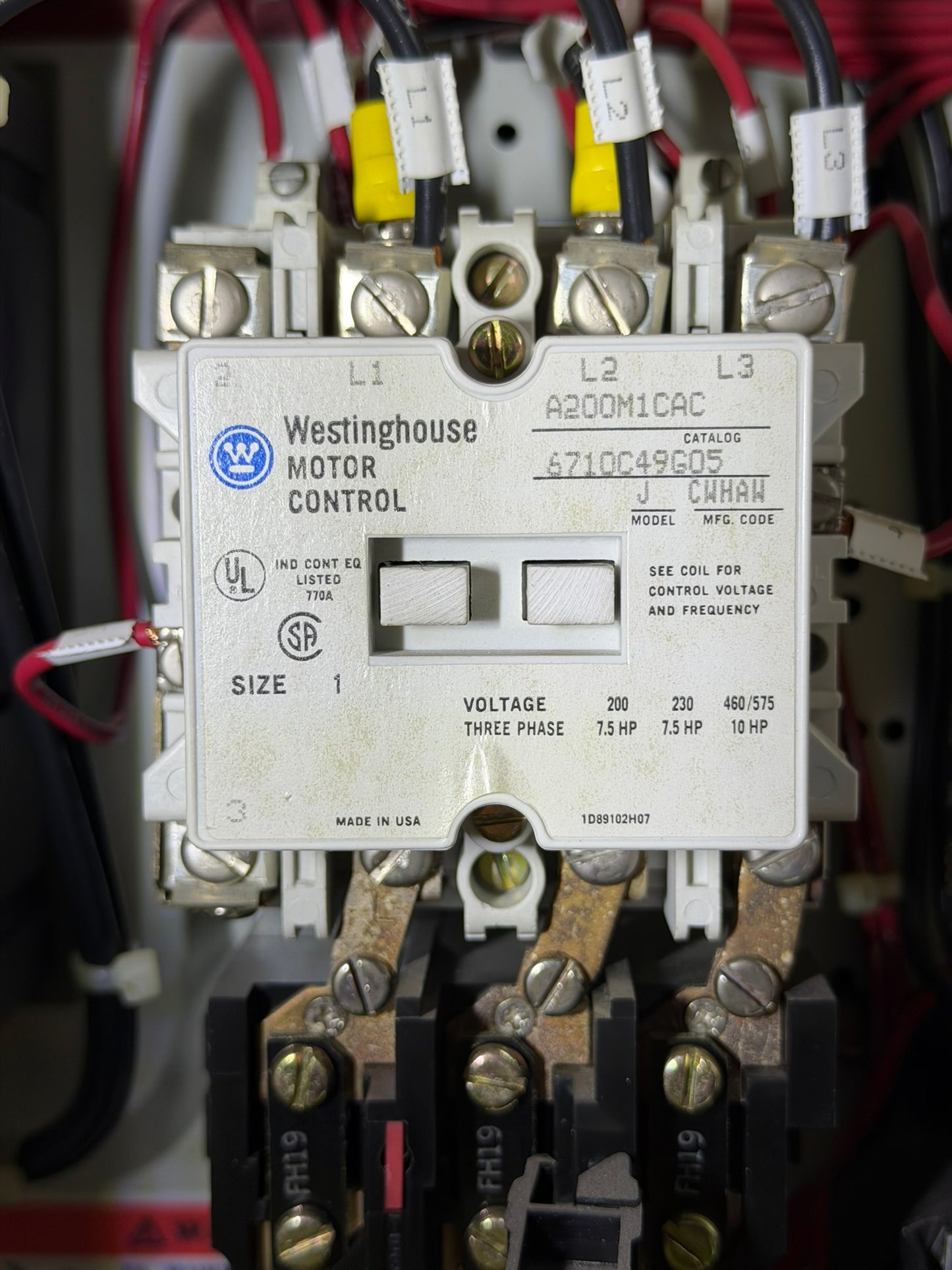 MS-01: NEMA size 1 motor starter — A200M1CAC. overview / nameplate photograph 1.
