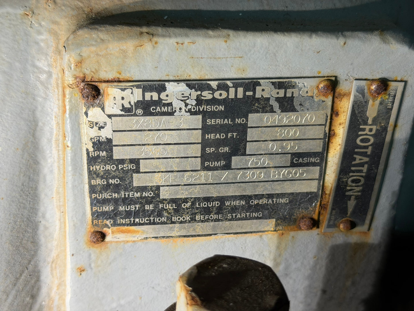 PU-02: Ingersoll-Rand boiler-feed pump 2 with 100 HP motor. nameplate photograph 2.