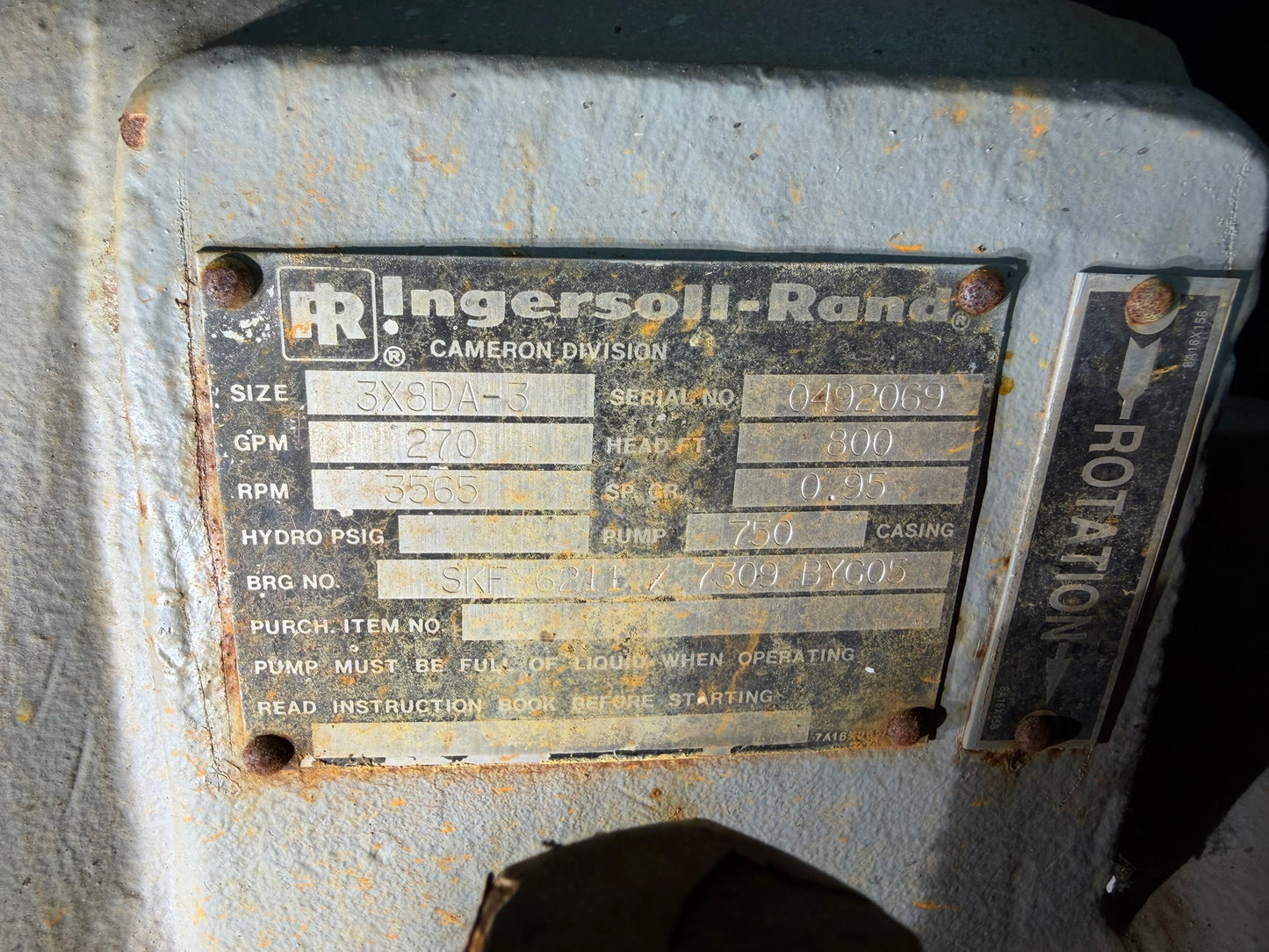 PU-03: Ingersoll-Rand boiler-feed pump 1 with 100 HP motor. nameplate photograph 2.