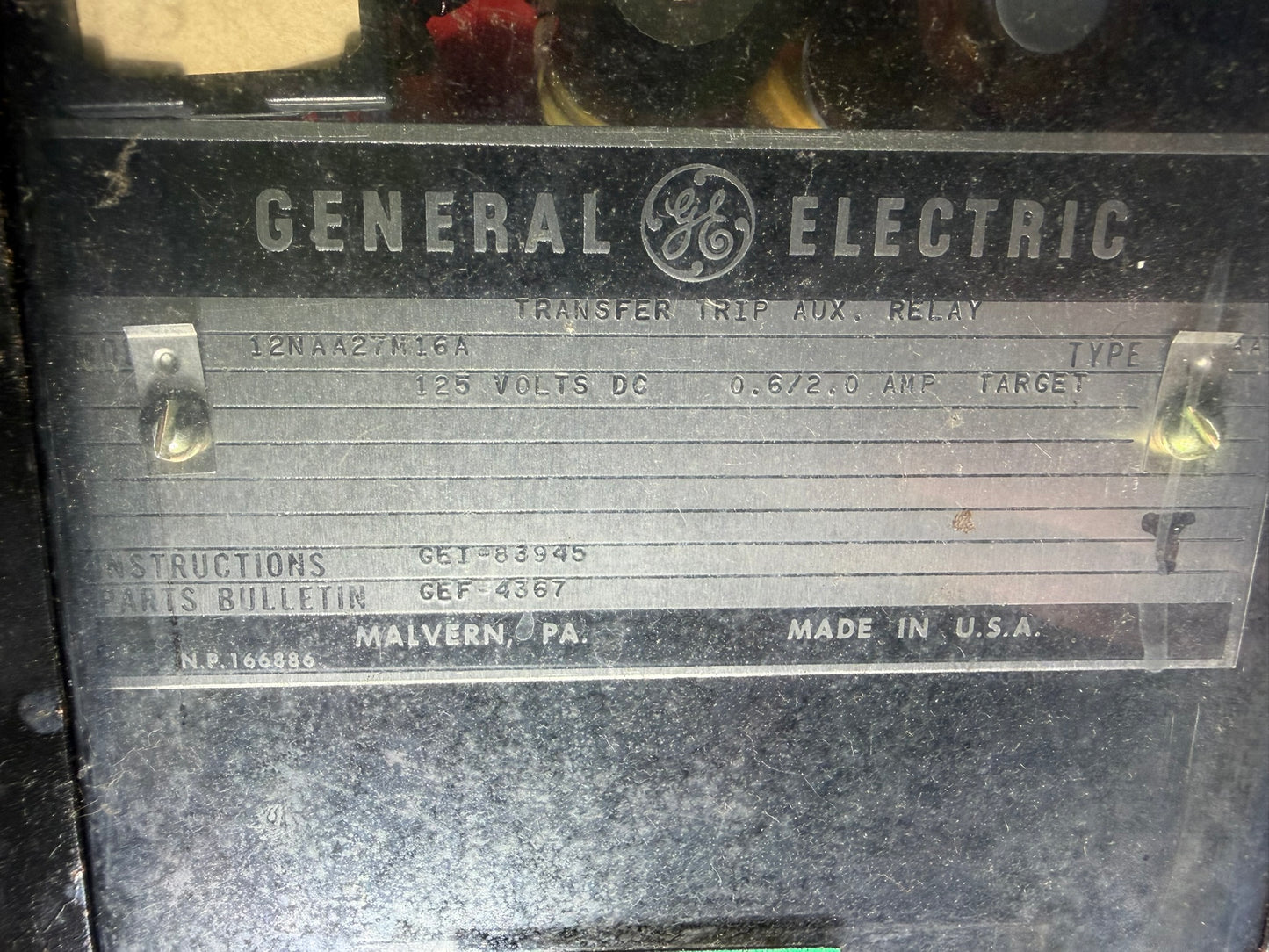 RY-03: GE transformer differential transfer-trip auxiliary — 12NAA27M16A. nameplate photograph 2.