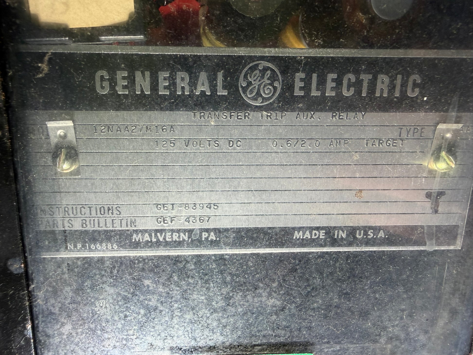 RY-03: GE transformer differential transfer-trip auxiliary — 12NAA27M16A. nameplate photograph 2.