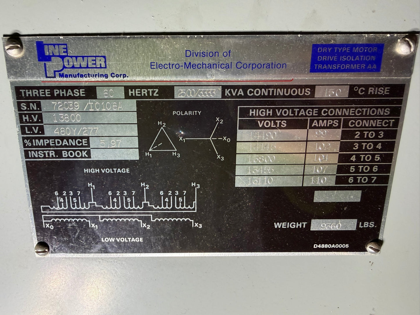 TR-01: Line Power 2,500/3,333 kVA dry-type motor-drive isolation transformer — 13.8 kV to 480Y/277 V. nameplate photograph 2.