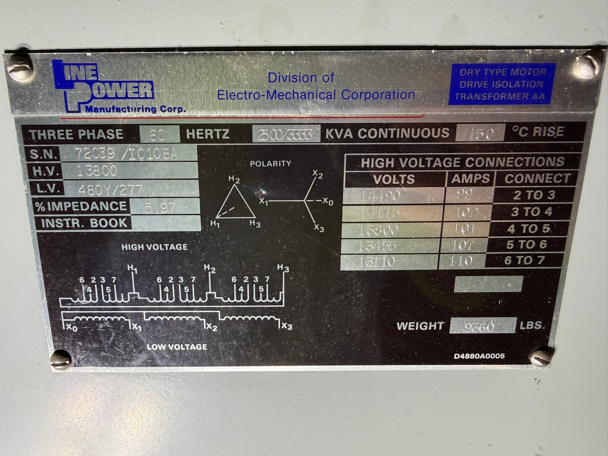 TR-01: Line Power 2,500/3,333 kVA dry-type motor-drive isolation transformer — 13.8 kV to 480Y/277 V. nameplate photograph 2.