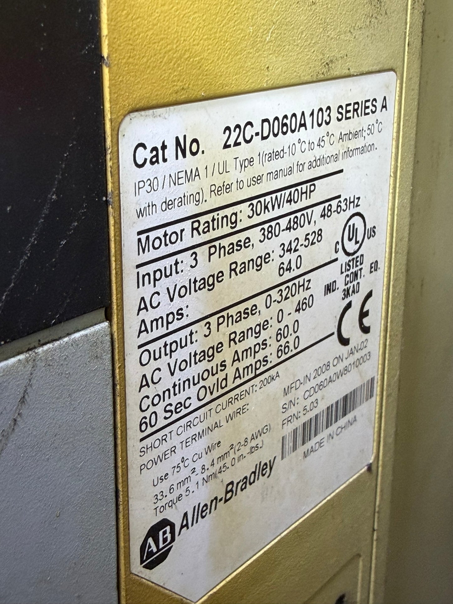 VF-01: 40 hp PowerFlex 400 drive — 22C-D060A103. nameplate photograph 2.