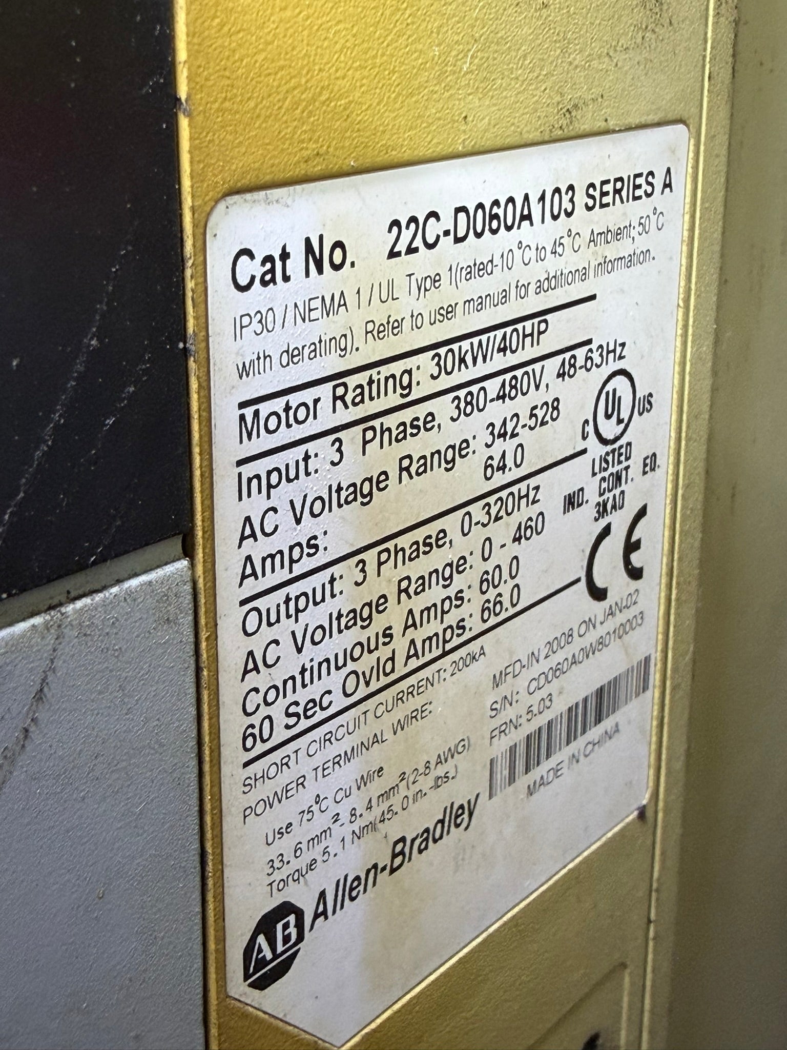 VF-01: 40 hp PowerFlex 400 drive — 22C-D060A103. nameplate photograph 2.