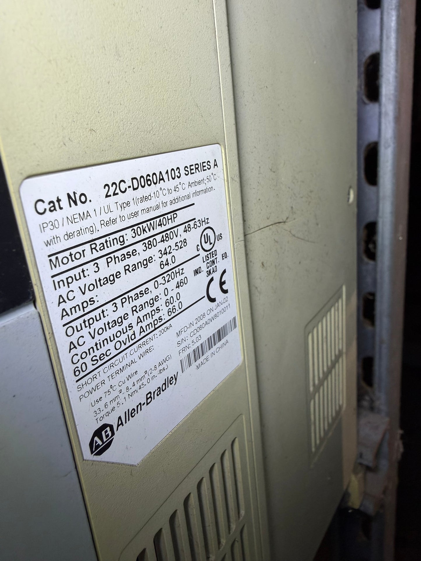 VF-02: 40 hp PowerFlex 400 drive — 22C-D060A103. nameplate photograph 2.