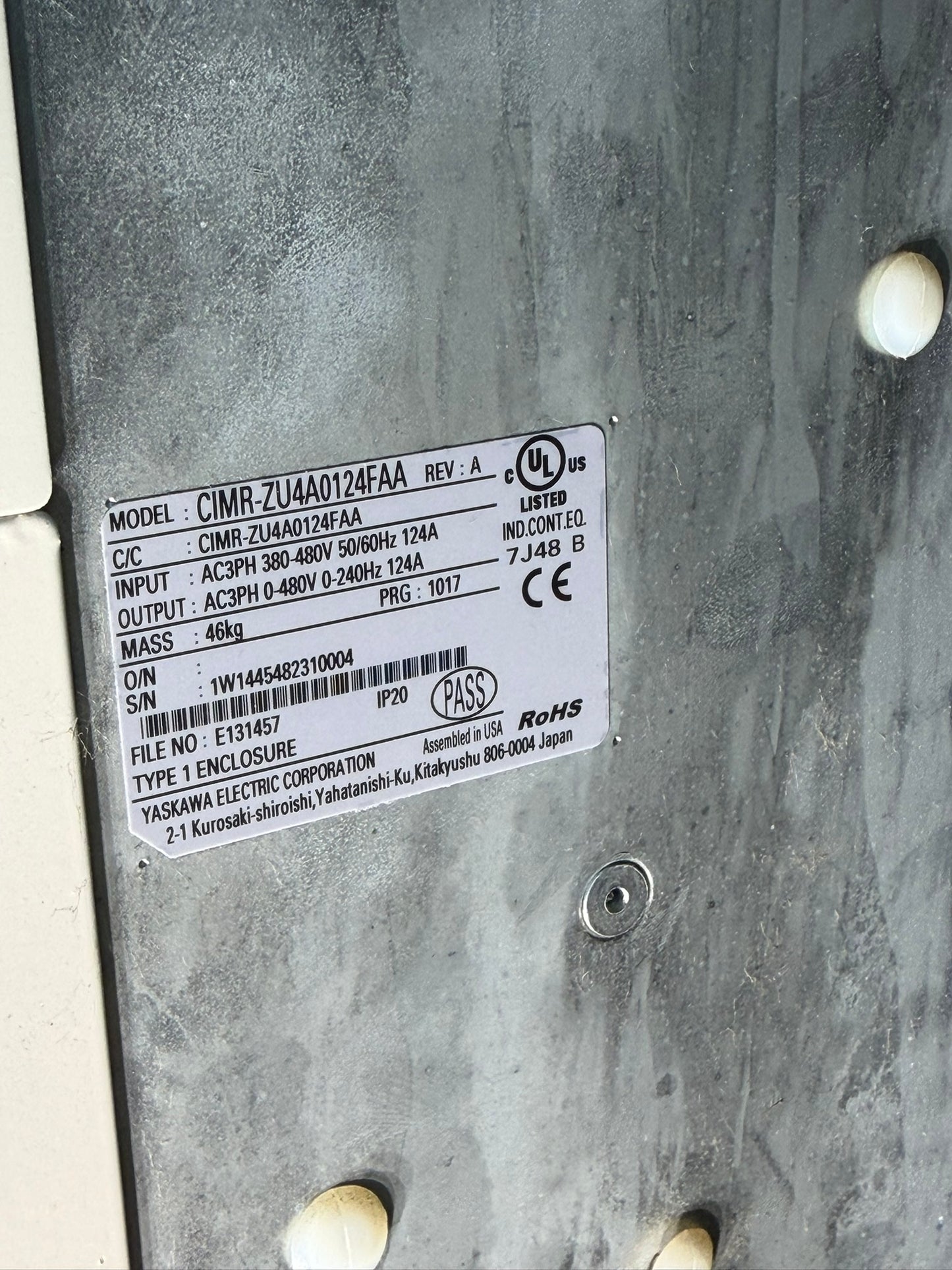 VF-03: Yaskawa Z1000 100 HP drive — pump 1. nameplate photograph 2.