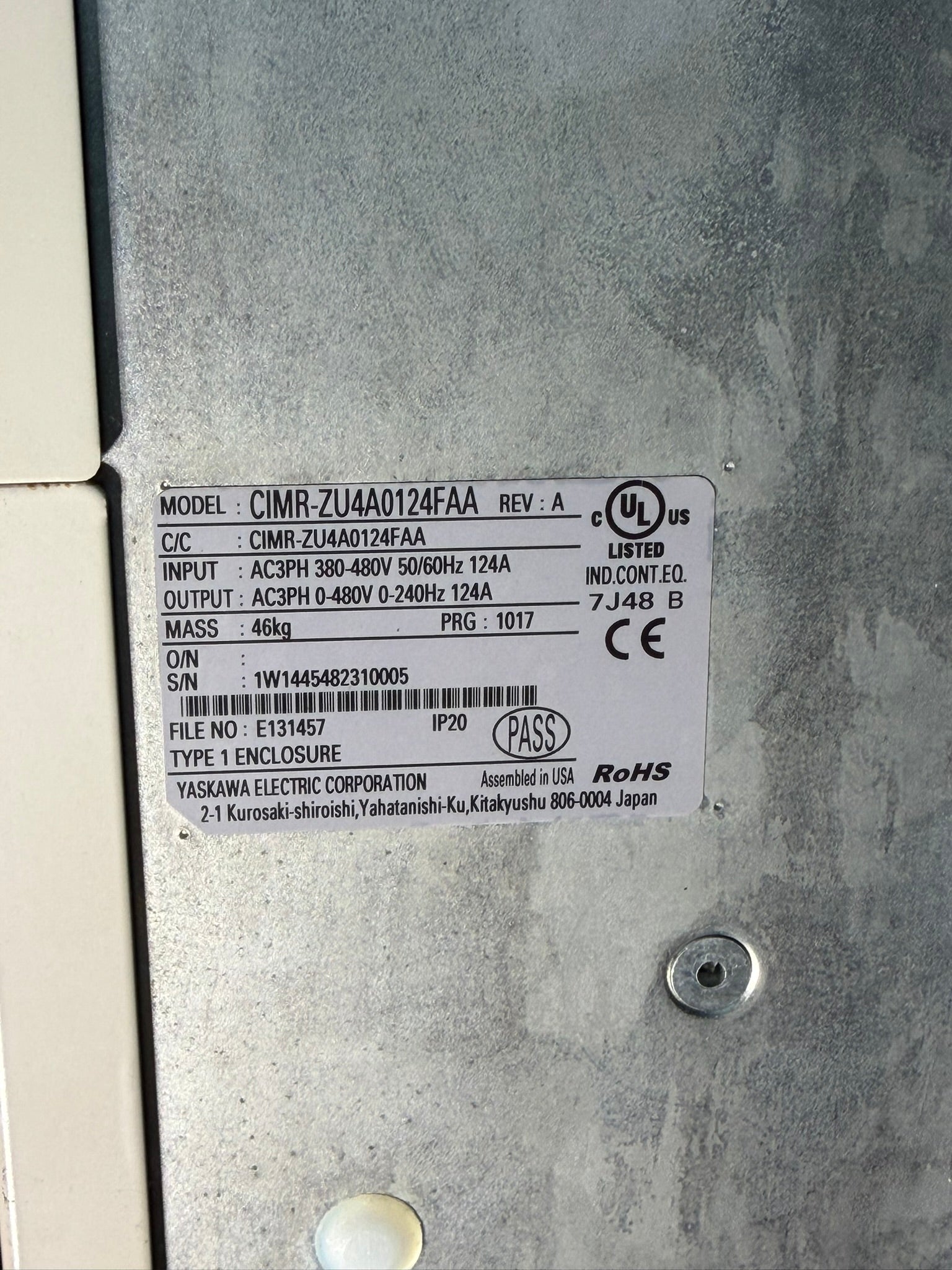 VF-04: Yaskawa Z1000 100 HP drive — pump 2. nameplate photograph 2.