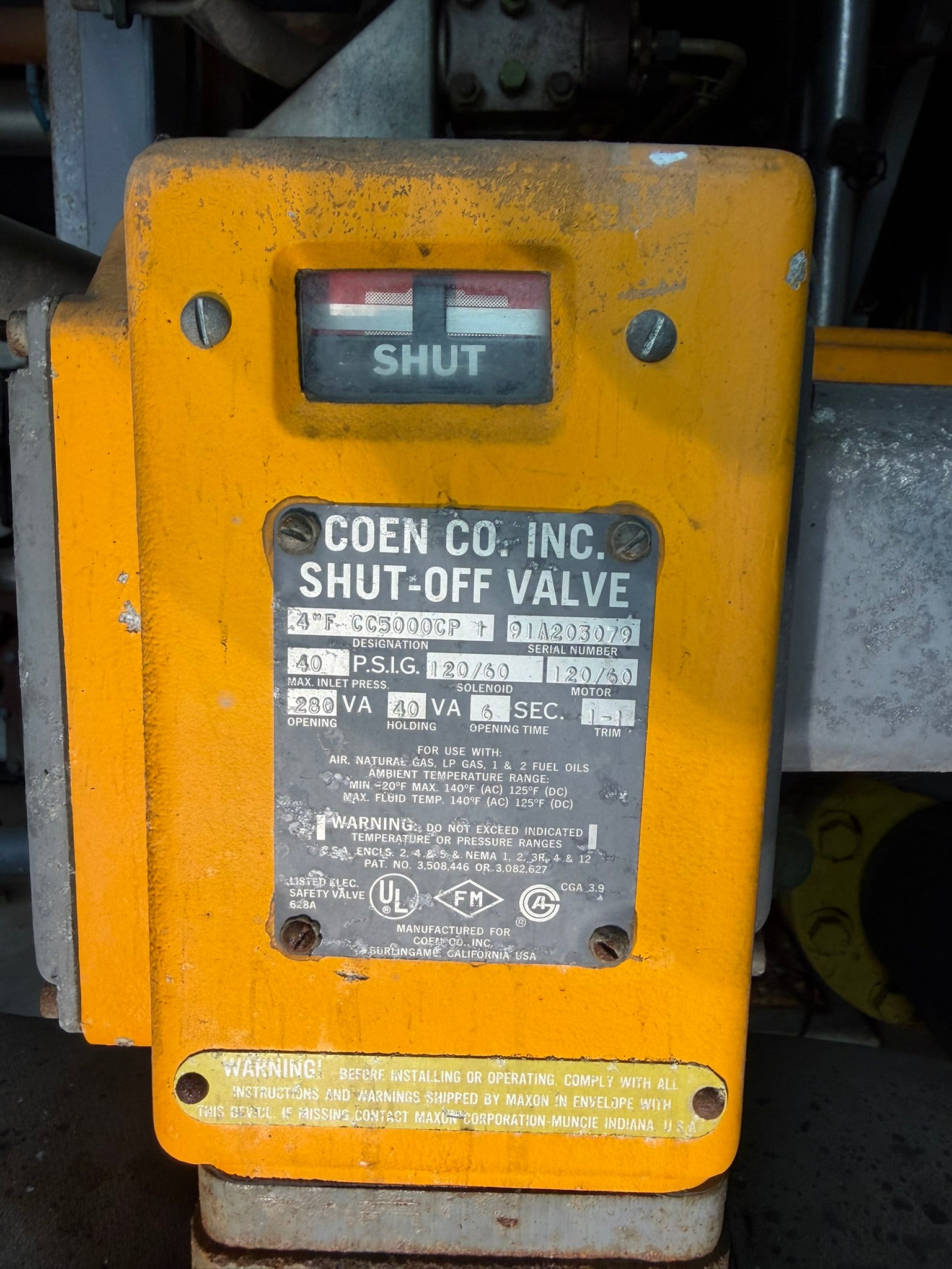 VL-13: Coen / Maxon 4-inch motorized safety shutoff valve. nameplate photograph 2.